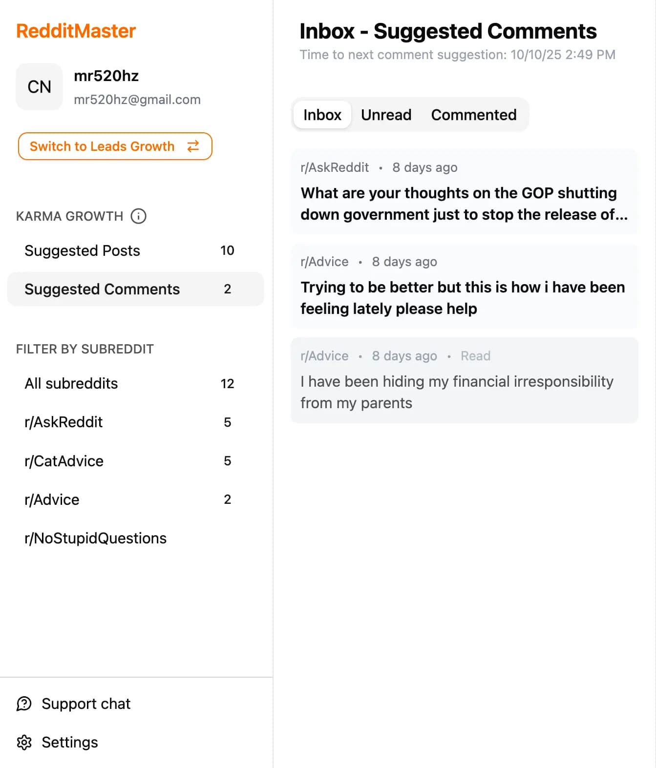 AI Listener dashboard surfacing fresh, high-intent threads with first-reply priority and one-click approve/send, with cooldown protection.