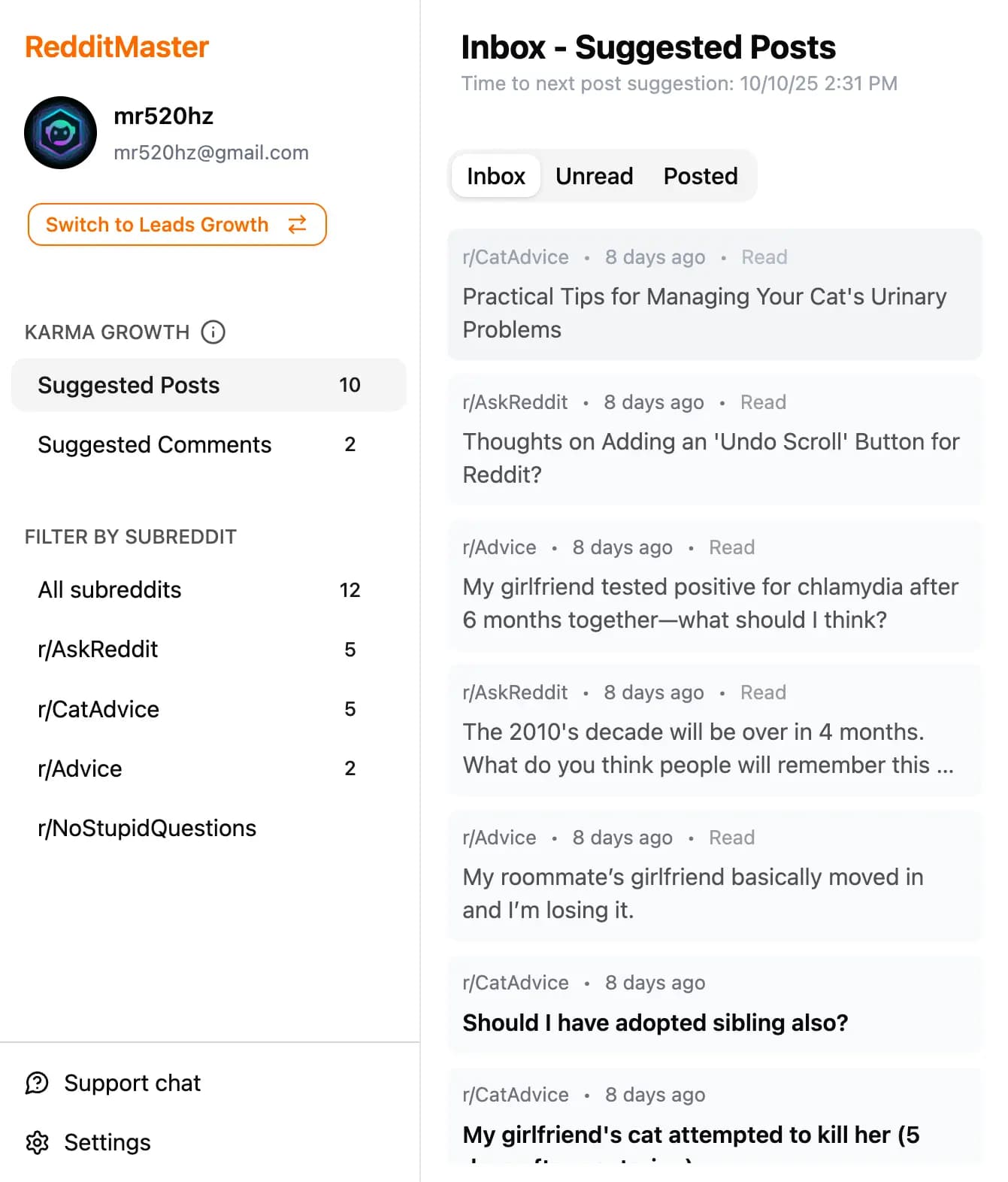 AI Post Generator UI showing best-fit subreddit picks, rule-check preflight, and scheduled posting to keep pacing natural.